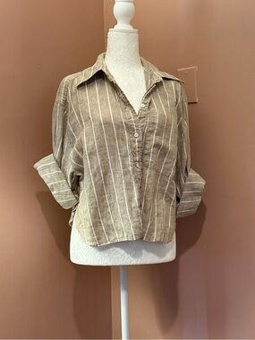 Banana Republic Tan and White Striped Button-Down Shirt